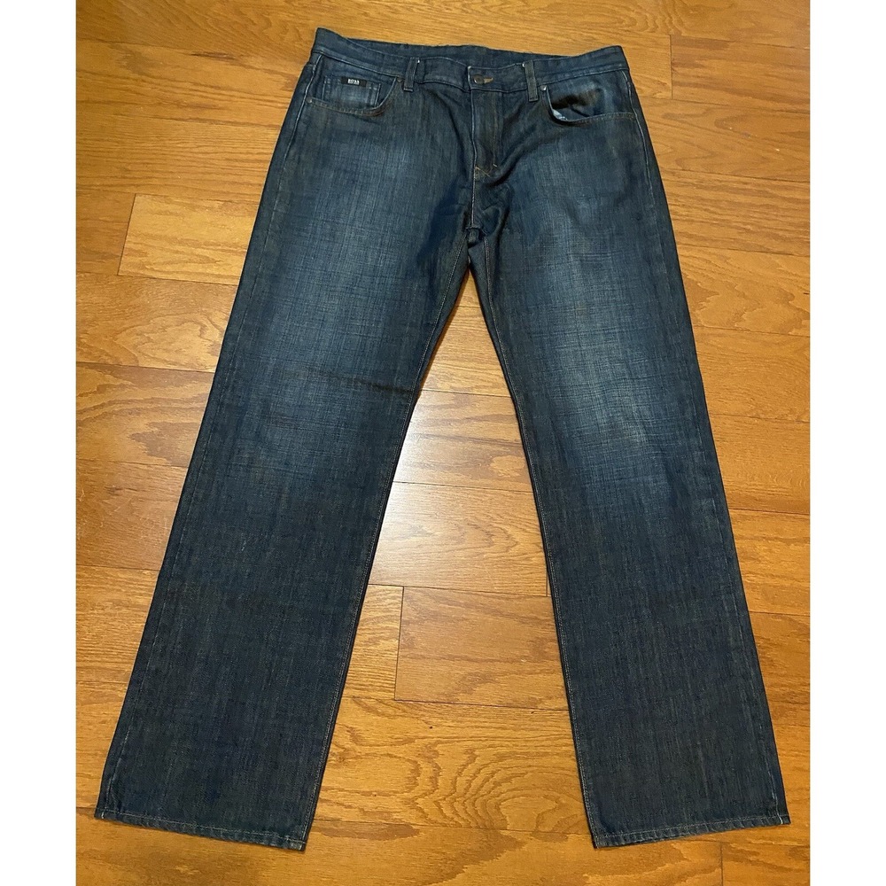 Boss Hugo Boss Mens 38x32 Dark Blue Denim Straight Jeans Regular Fit